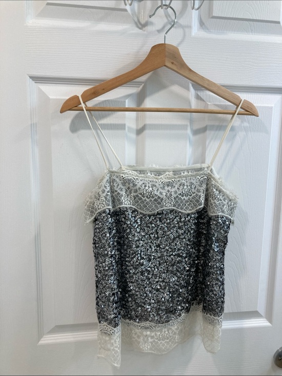 Shoulder Tops - Sequin & Lace Spaghetti Strap Camisole in Silver and Ivory